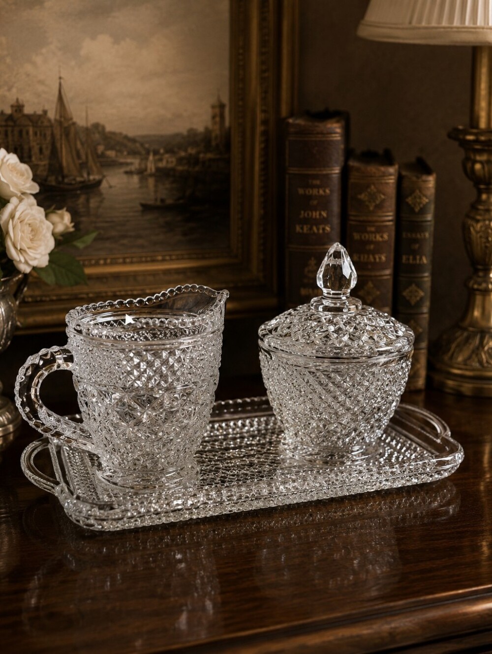 Anchor Hocking Wexford Clear Sugar Bowl & Creamer Set